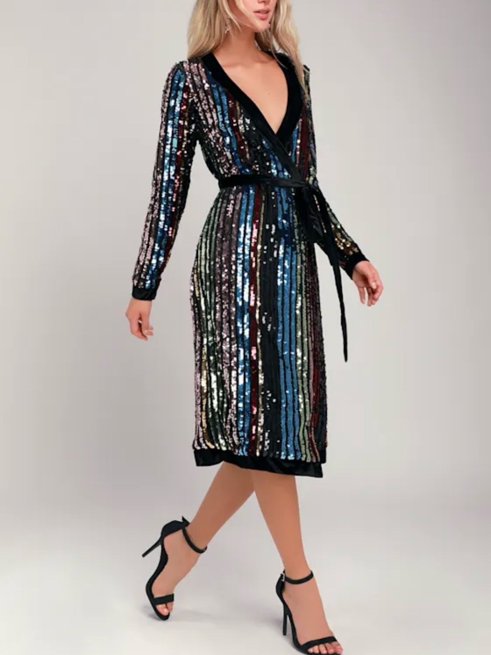 Pretty pretty prismatic rainbow striped sequin midi  robe dress
